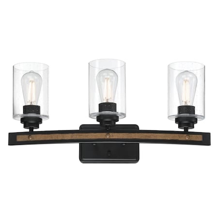 Westinghouse Fixture Wall UnMount 60W 3-Light Broomall, Matte Black Barnwood Act Clear Seed Glass 6128700